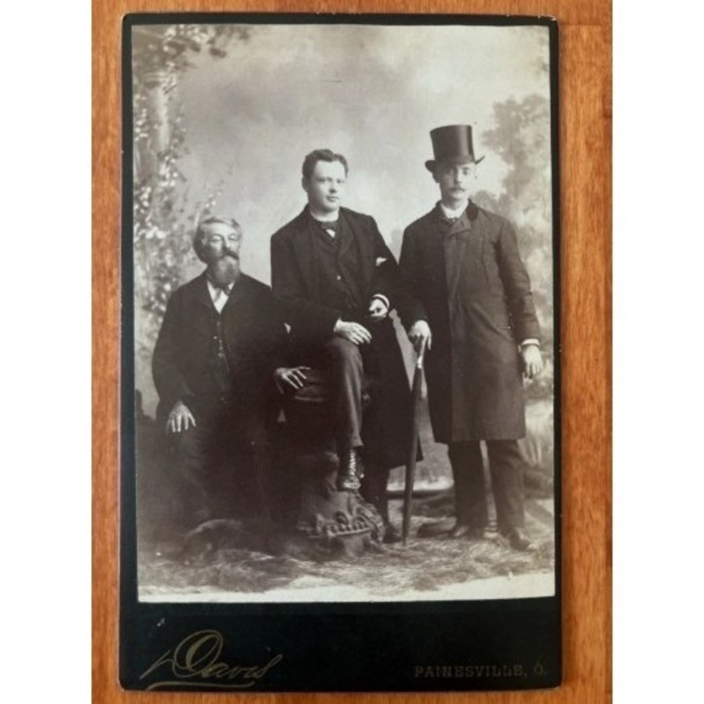 3 Dashing Men Top Hat Beard Umbrella Cabinet Card Painesville OH Davis Antique - Picture 2 of 7